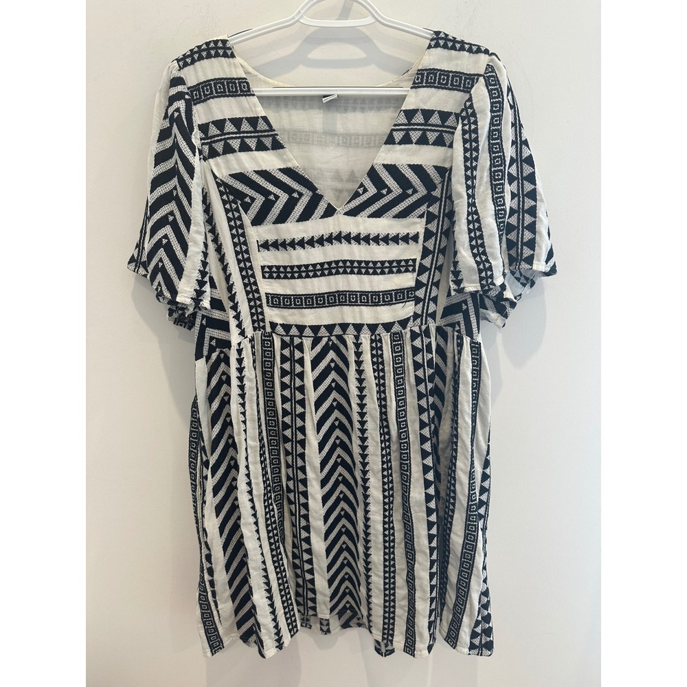 Old Navy Black White Geometric Jacquard V-Neck Mini Dress Large Boho Indie
